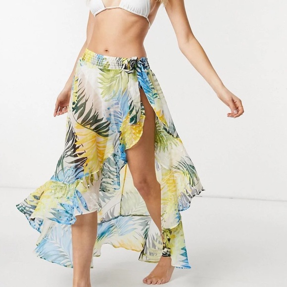 River Island Other - River Island Sarong in yellow, blue & green embellished chiffon, tie-front. New!